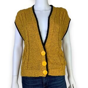 OHI Knitted Cable Knit Vest Size L Button Up Gold Black Trim Grandpa Core 90's